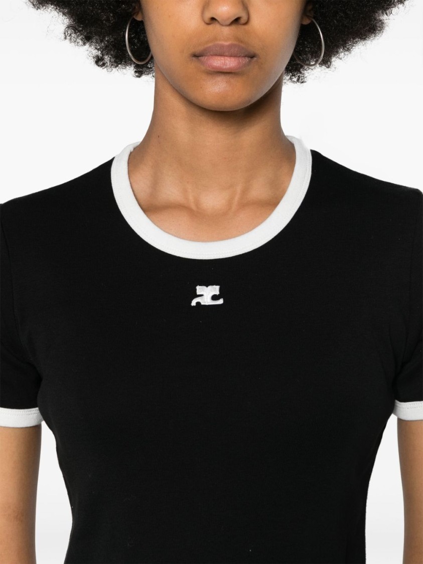 Courrèges Fitted Black T-shirt With Contrasting Trim And Embroidered Logo In Black