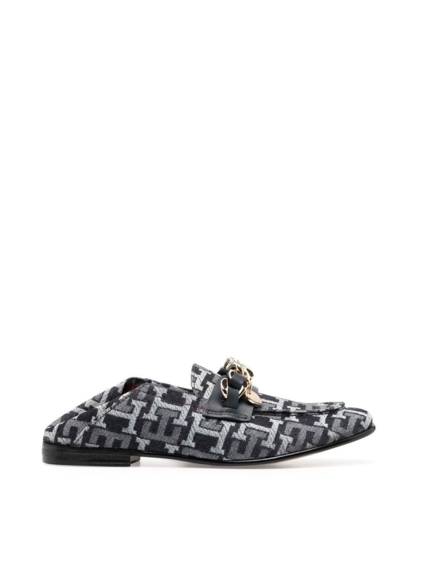 Tommy Hilfiger Chain Detail Monogram Denim Loafers In White