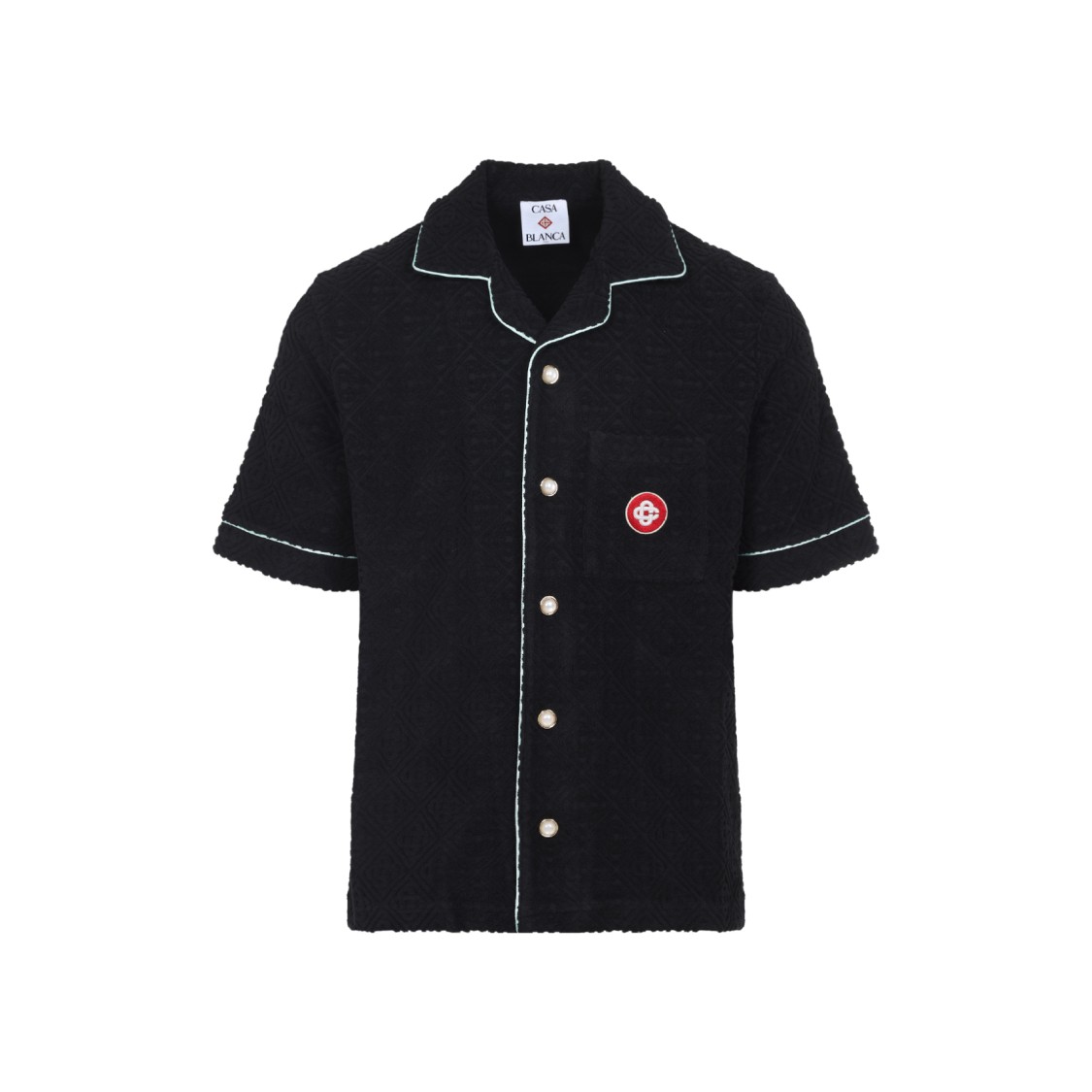 Casablanca Black Shirt With Classic Lapels And All-over Embossed Monogram In Blue