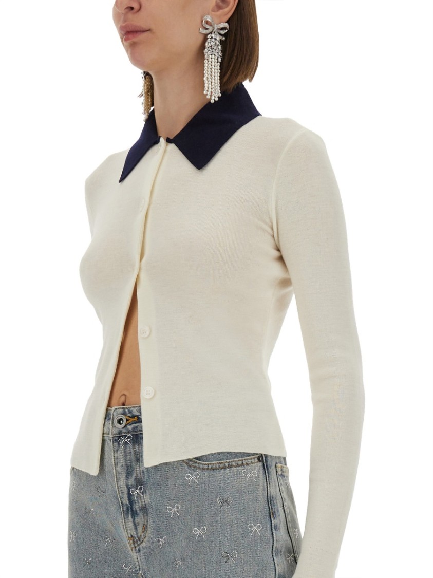 Self-portrait Button-front Cream Merino Wool Cardigan With Contrasting Collar In Gray
