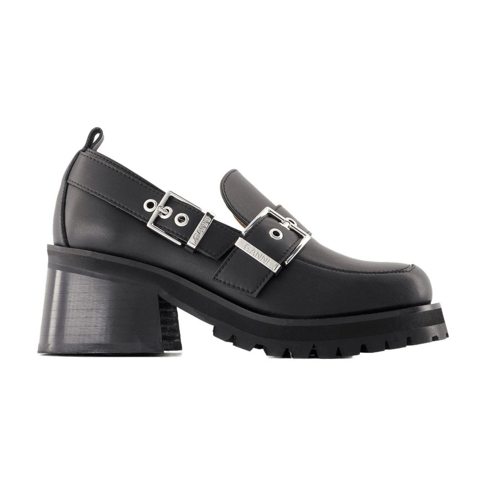 Shop Ganni Feminine Loafers - Leather - Black In Grey