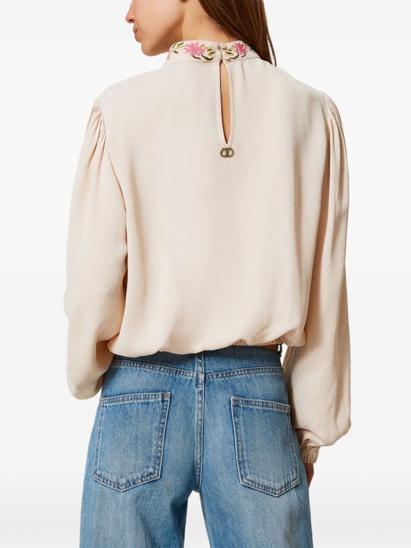 Shop Twinset Twin-set Floral-embroidered Blouse With Keyhole Closure And Gathered Hem In Neutrals