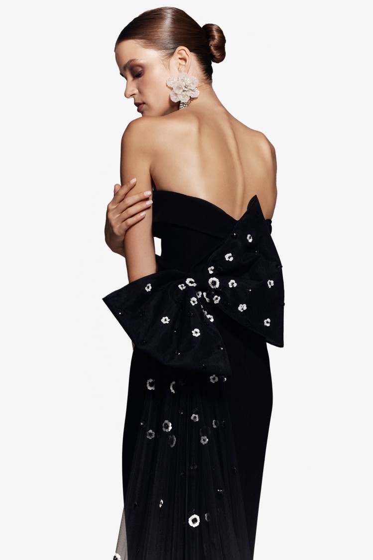 Saiid Kobeisy Crepe Off-shoulder Dress With A Tulle Bow And Tail On The Back In Black
