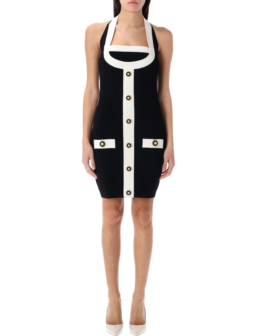 Balmain Two-tone Halterneck Knit Mini Dress In Black