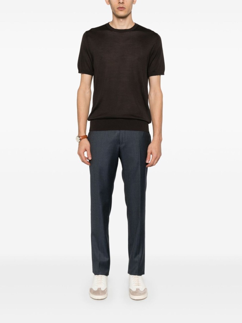 Corneliani Short-sleeved Silk Knitwear Top With Crew Neckline In Black