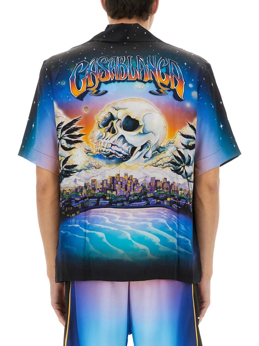 Casablanca Graphically Enhanced Silk Shirt With Cuban Collar In Blue