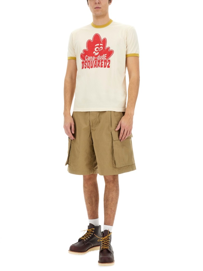 Dsquared2 Graphic Print Cotton T-shirt With Ribbed Trim In Neutrals