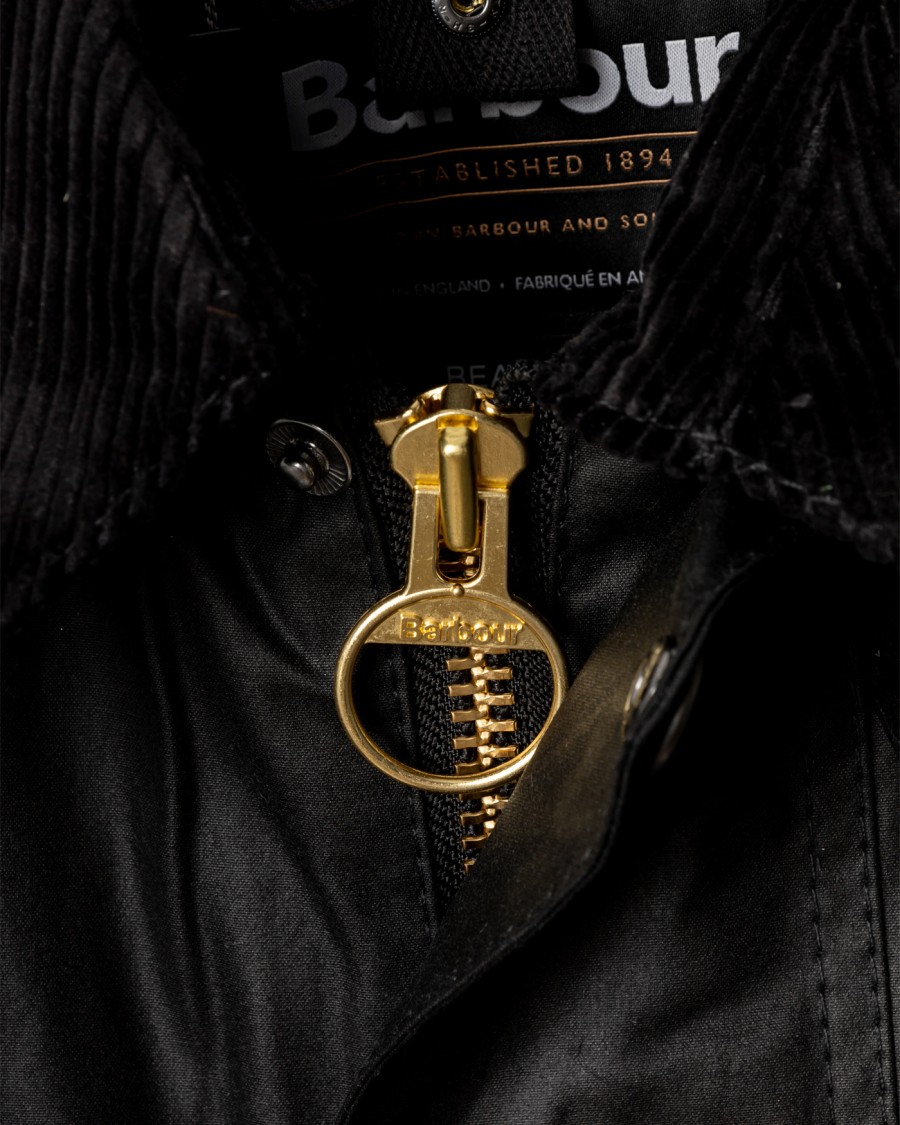 Barbour Beaufort Waxed Jacket With Detachable Hood And Rear Pocket In Black