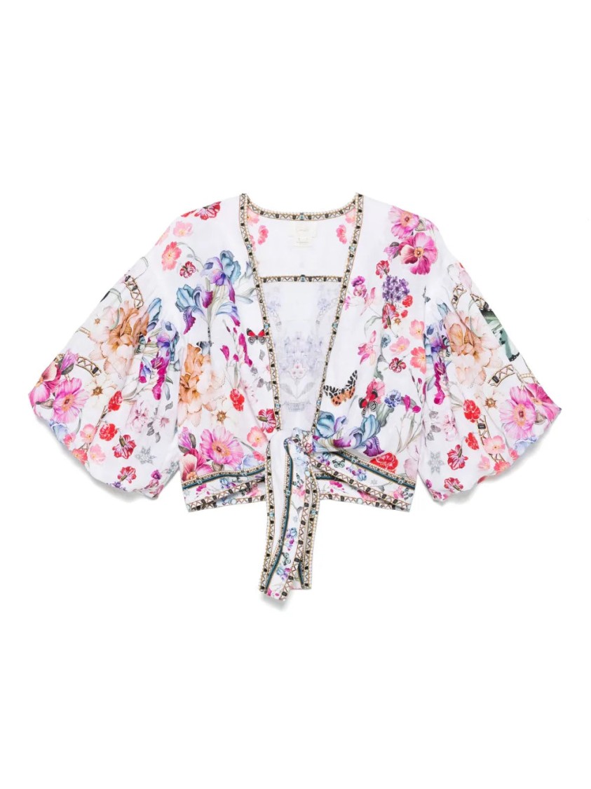 Shop Camilla White V-neck Crop Top With Knot Detailing And Wide Sleeves