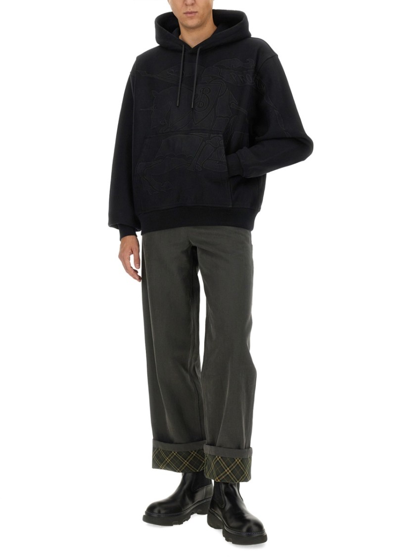 Burberry Black Pants With Logo Embroidery On The Side And Turn-up Checked Hem In Cotton Man In Black