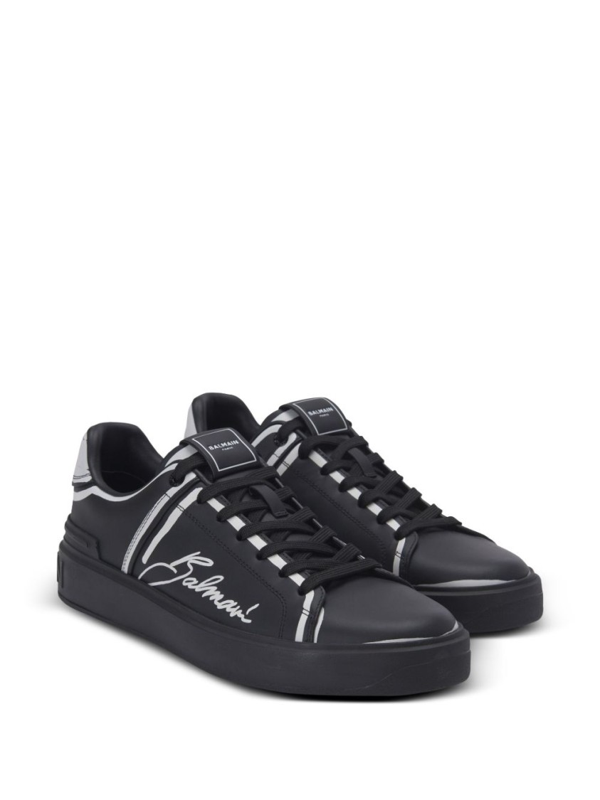 Balmain Calfskin B-court Printed Sneakers In Black