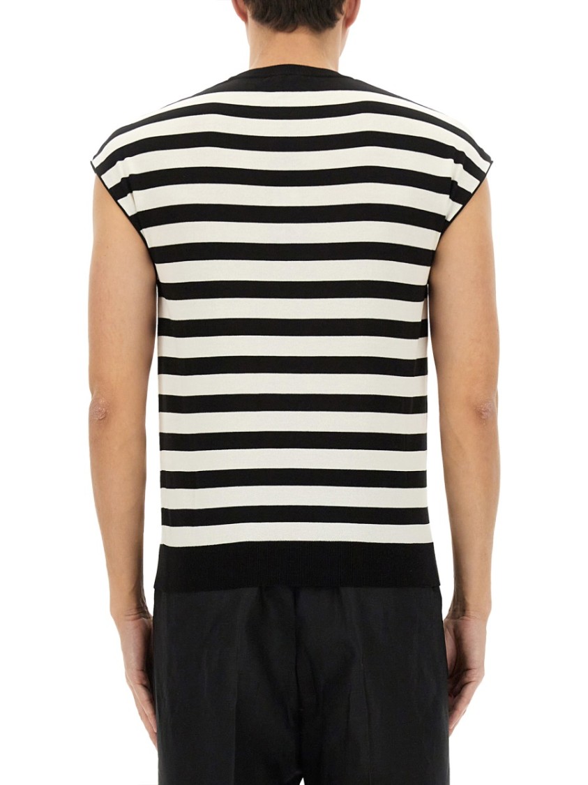 Dolce & Gabbana Black And White Sleeveless Top With Round Neck And All-over Strpied Motif In Multicolor