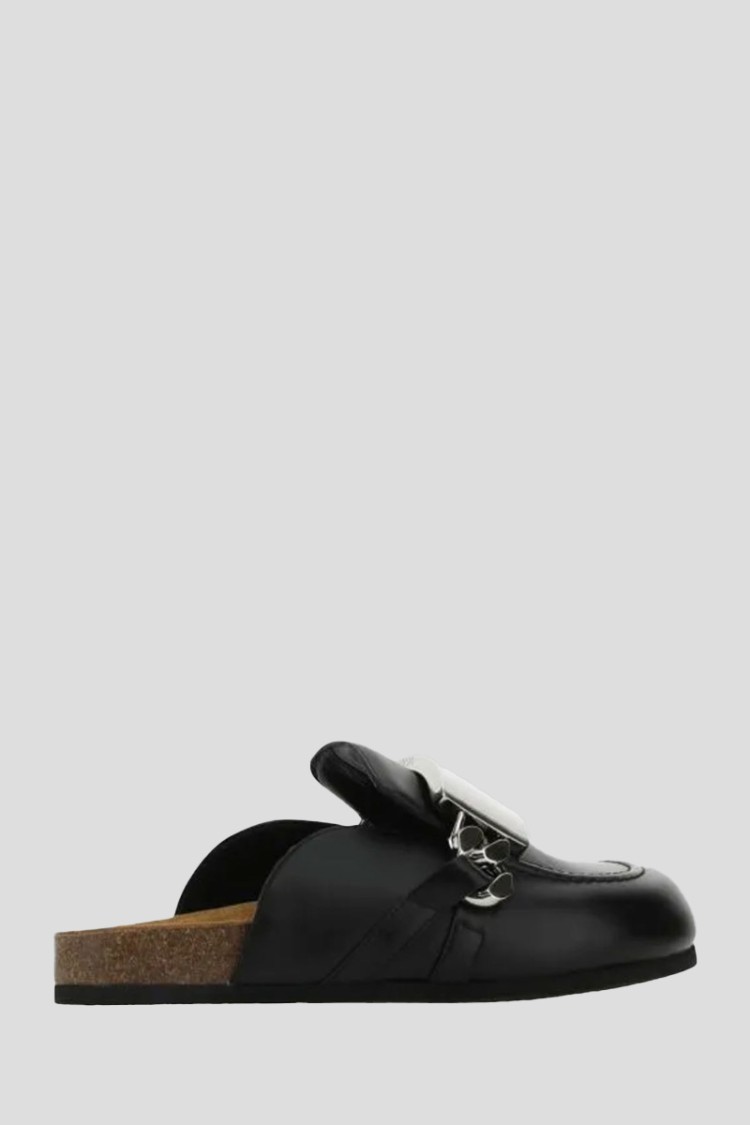 Him Co Black Leather Slippers In Black