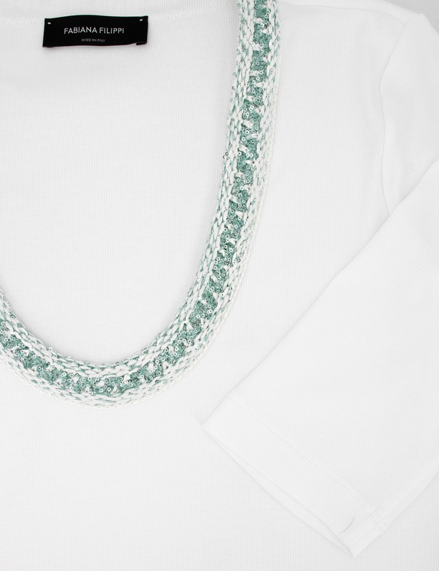 Shop Fabiana Filippi White Cotton T-shirt With Sequined Neckline