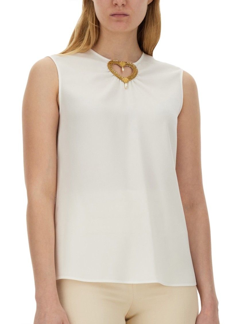Moschino Blouse With Heart Applique And Subtle Keyhole Detail In White