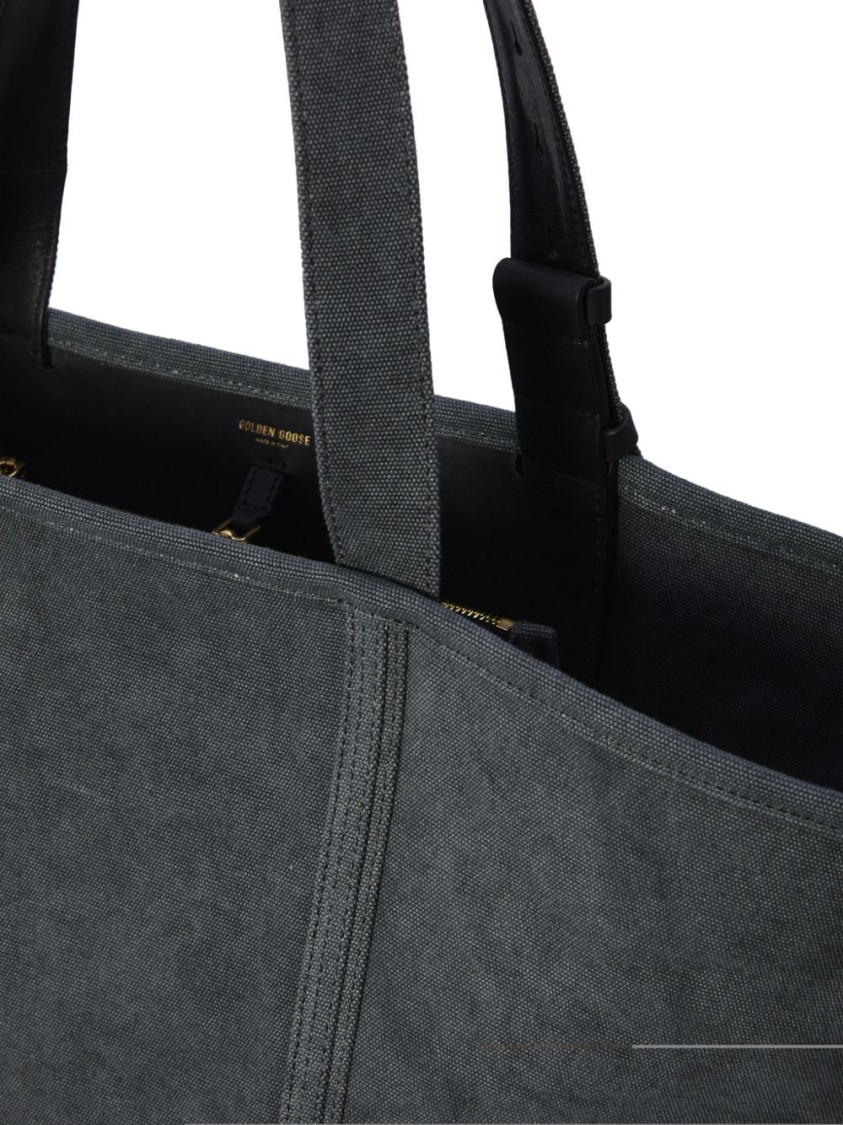 Golden Goose Textured Grey Cotton Tote Bag In Black