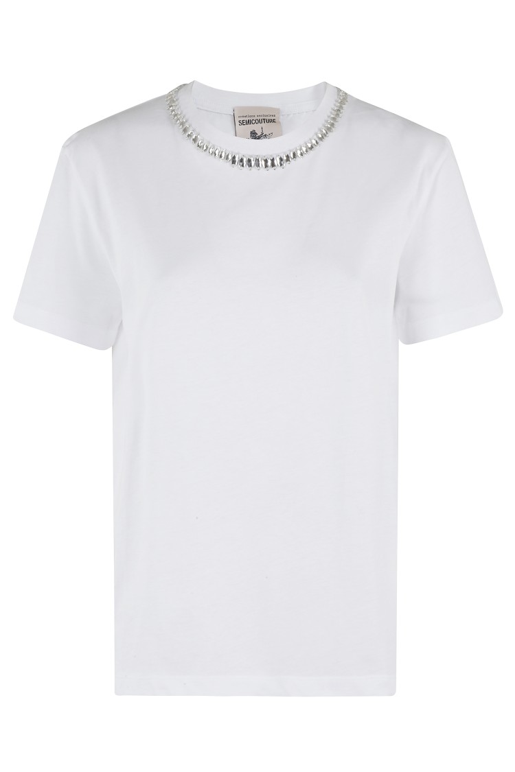 Semicouture Semi Couture White T-shirt With Rhinestone-trimmed Neckline