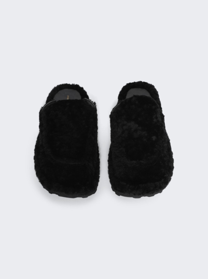 Dries Van Noten Black Shearling Mules With Rounded Toe In Black