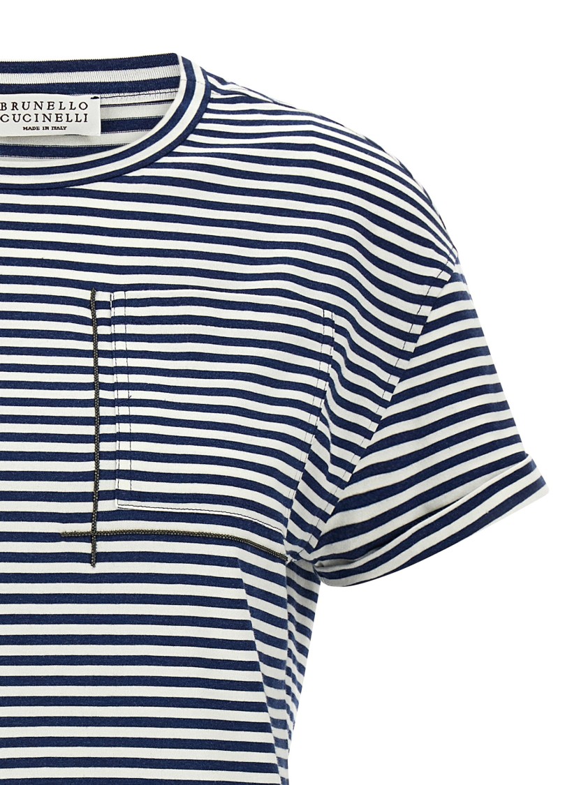 Brunello Cucinelli Striped Cotton T-shirt With Jewel Pocket Detail In Multi