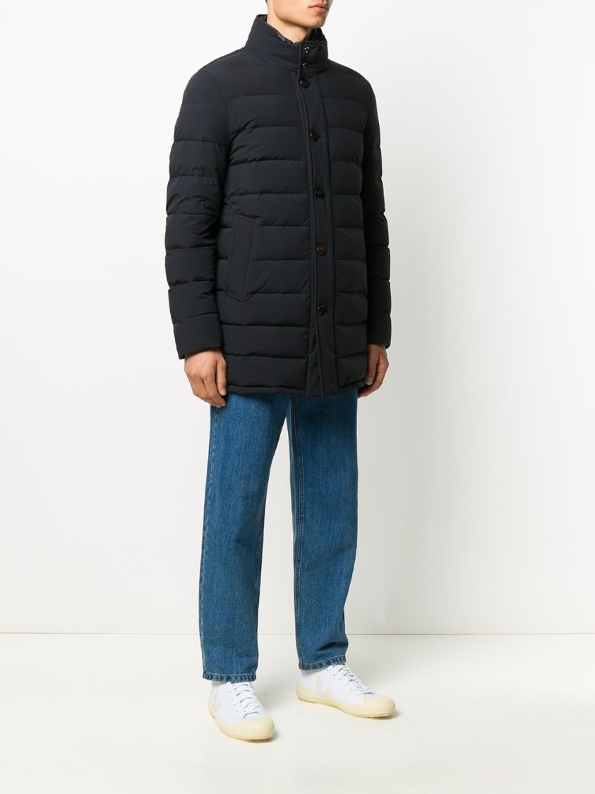 Moorer Padded Dark Blue Virgin Wool Parka With Stand-up Collar In Black