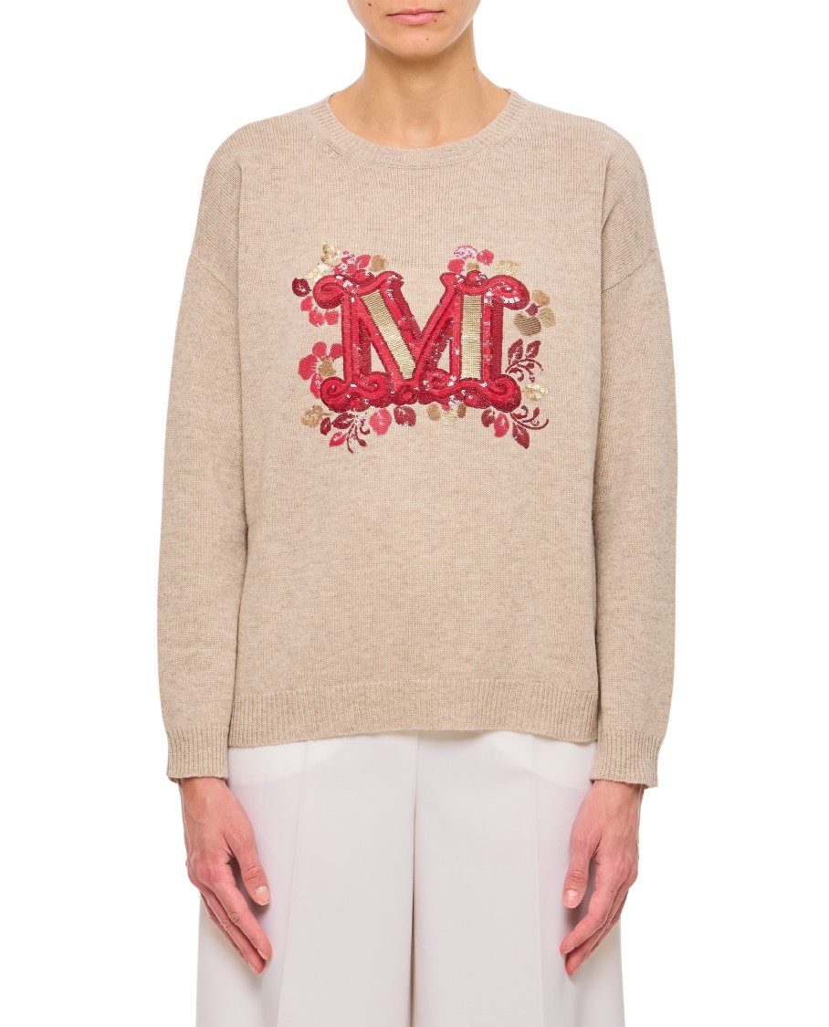 Max Mara Monogram Wool-blend Crewneck Sweater In Neutrals