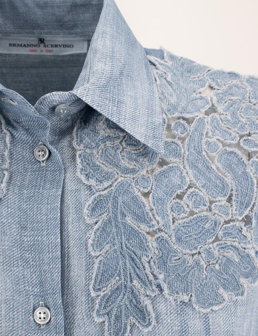 Shop Ermanno Scervino Floral Lace Shoulder Shirt In Vintage Jeans Fabric