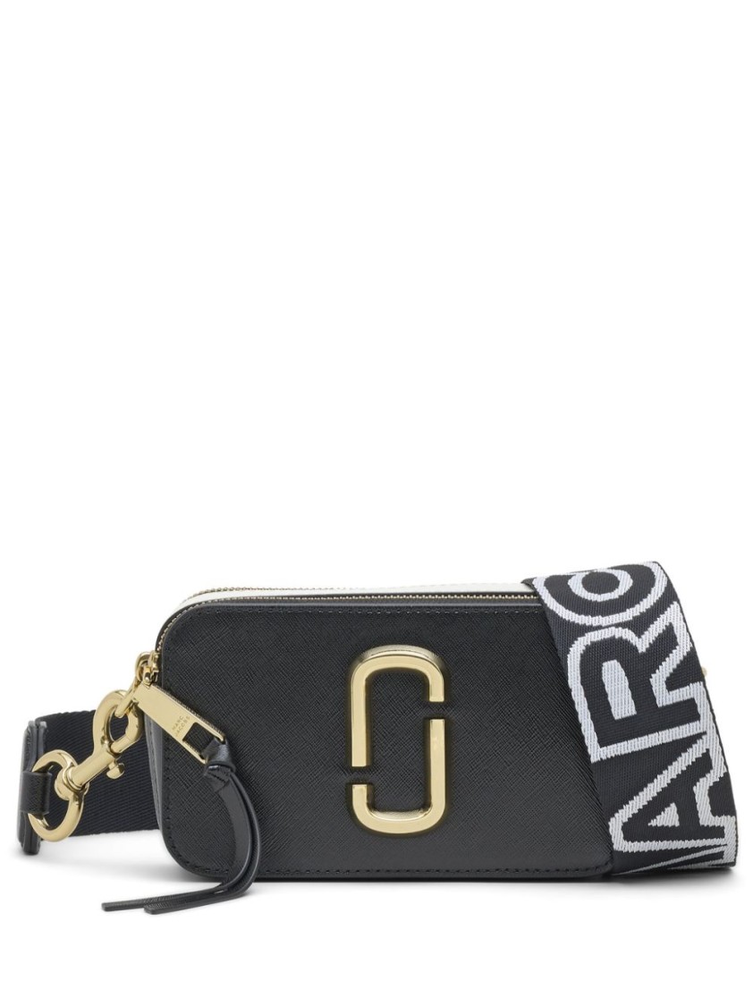 Marc Jacobs The Snapshot Black Shoulder Bag With Metal Logo At The Front In Leather Woman In Black