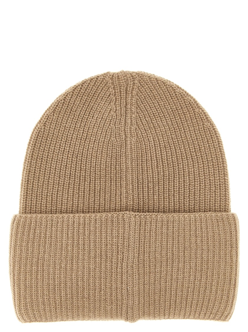 Moncler Ribbed Knit Wool Beanie With Felt Logo Patch In Brown