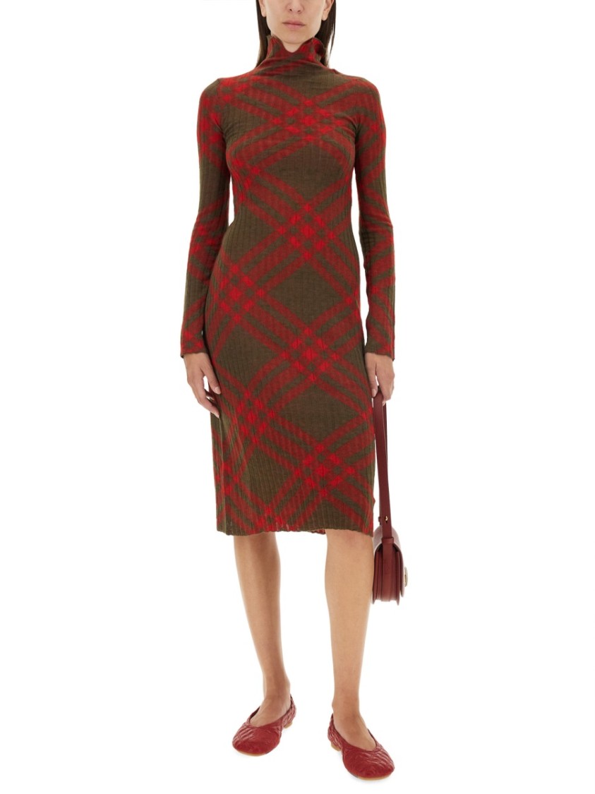 Shop Burberry Plaid Wool Blend Midi Dress In Red