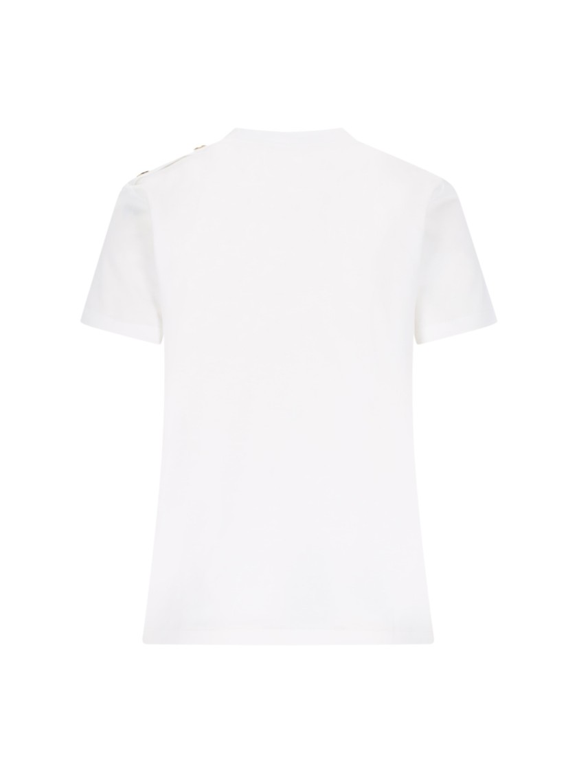 Balmain White Crewneck T-shirt With Logo Print And Golden Buttons In Jersey Woman