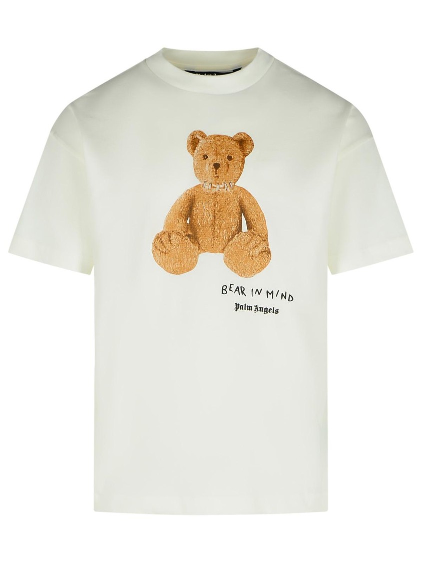 Palm Angels Bear In Mind White T-shirt With Bear Print And Logo Lettering On The Front In Cotton Man In White