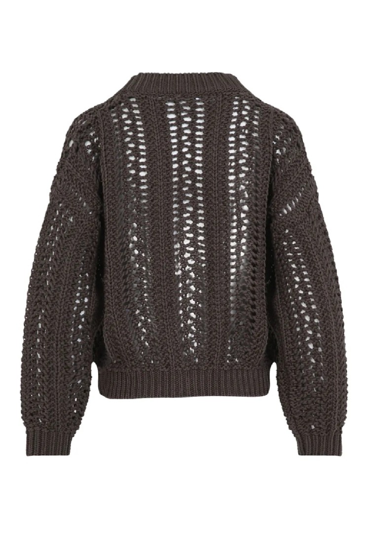 Brunello Cucinelli Cropped Open-knit Cardigan With Deep V-neckline In Brown