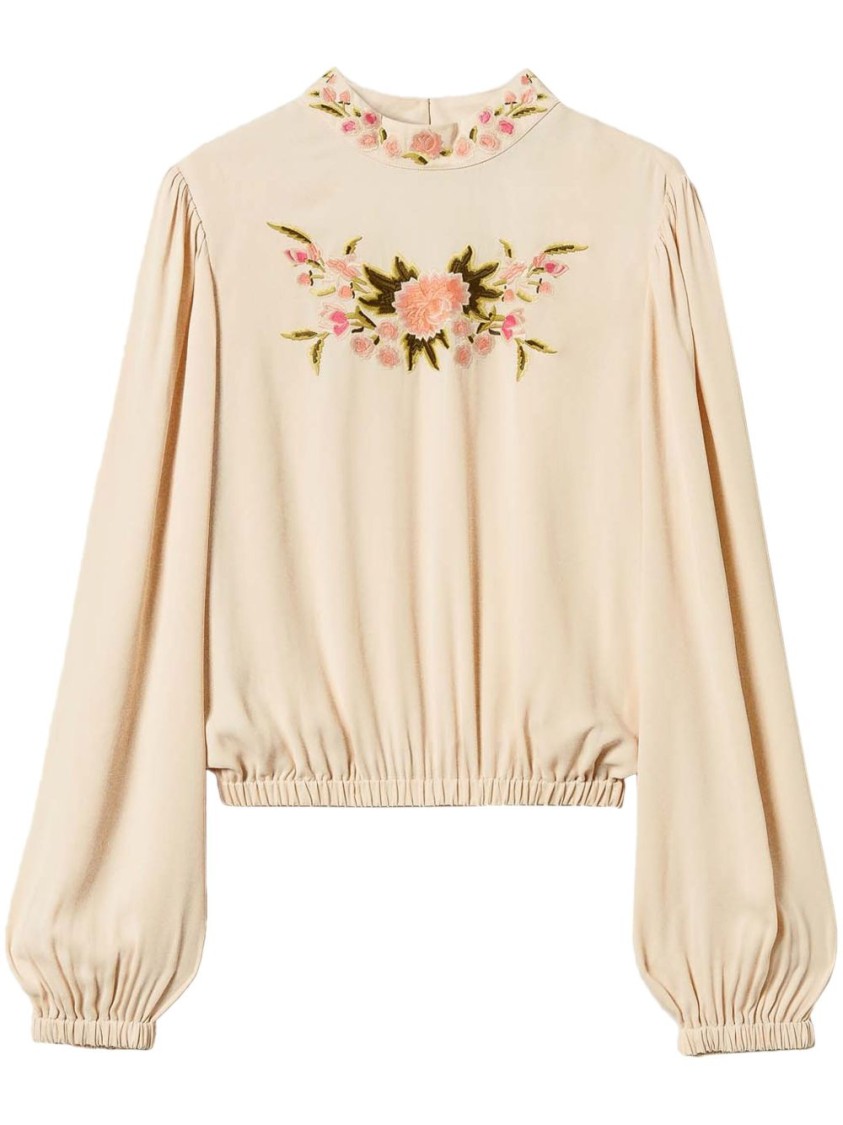 Shop Twinset Twin-set Floral-embroidered Blouse With Keyhole Closure And Gathered Hem In Neutrals