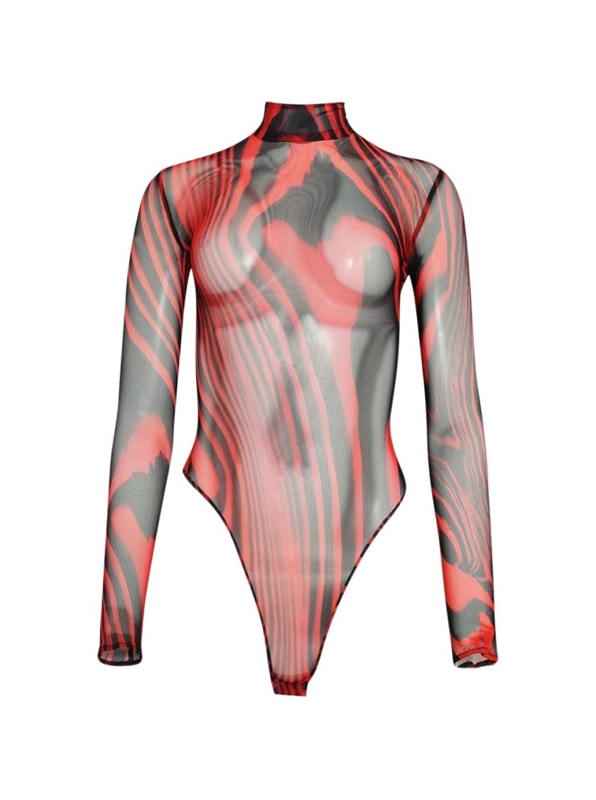 DAVID KOMA DAVID KOMA PRINTED MESH BODYSUIT RED AND BLACK
