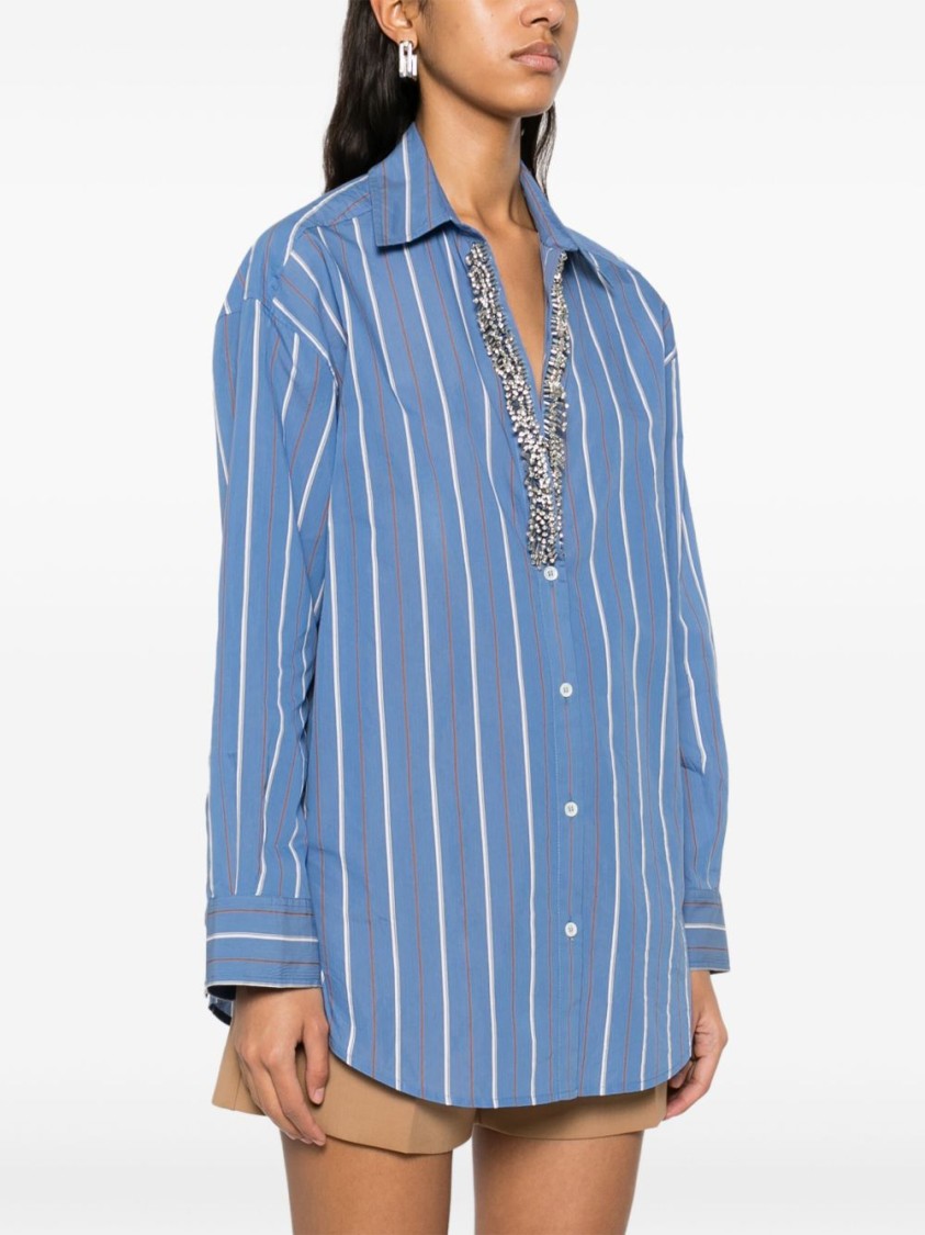 Shop Pinko Blue And White Striped Shirt With Embellished Neckline