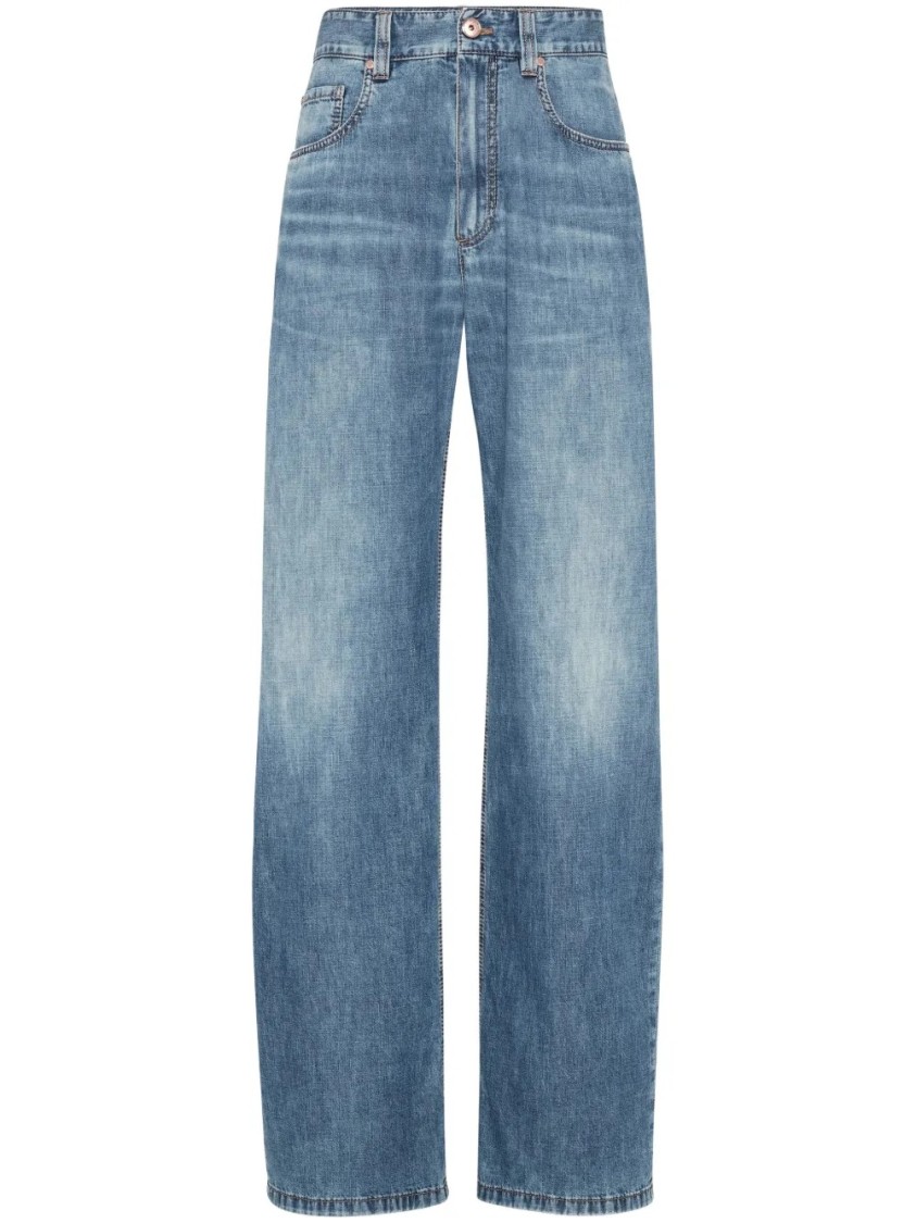 Brunello Cucinelli Wide-leg Blue Jeans With Whiskering Effect And Classic Five-pocket Design In Blue