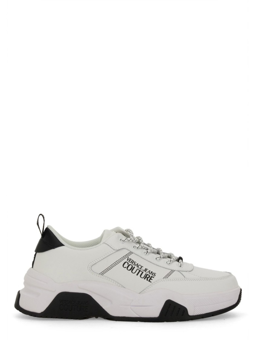 Shop Versace Jeans Couture Leather Sneakers With Textured Finish And Metallic Accents In White