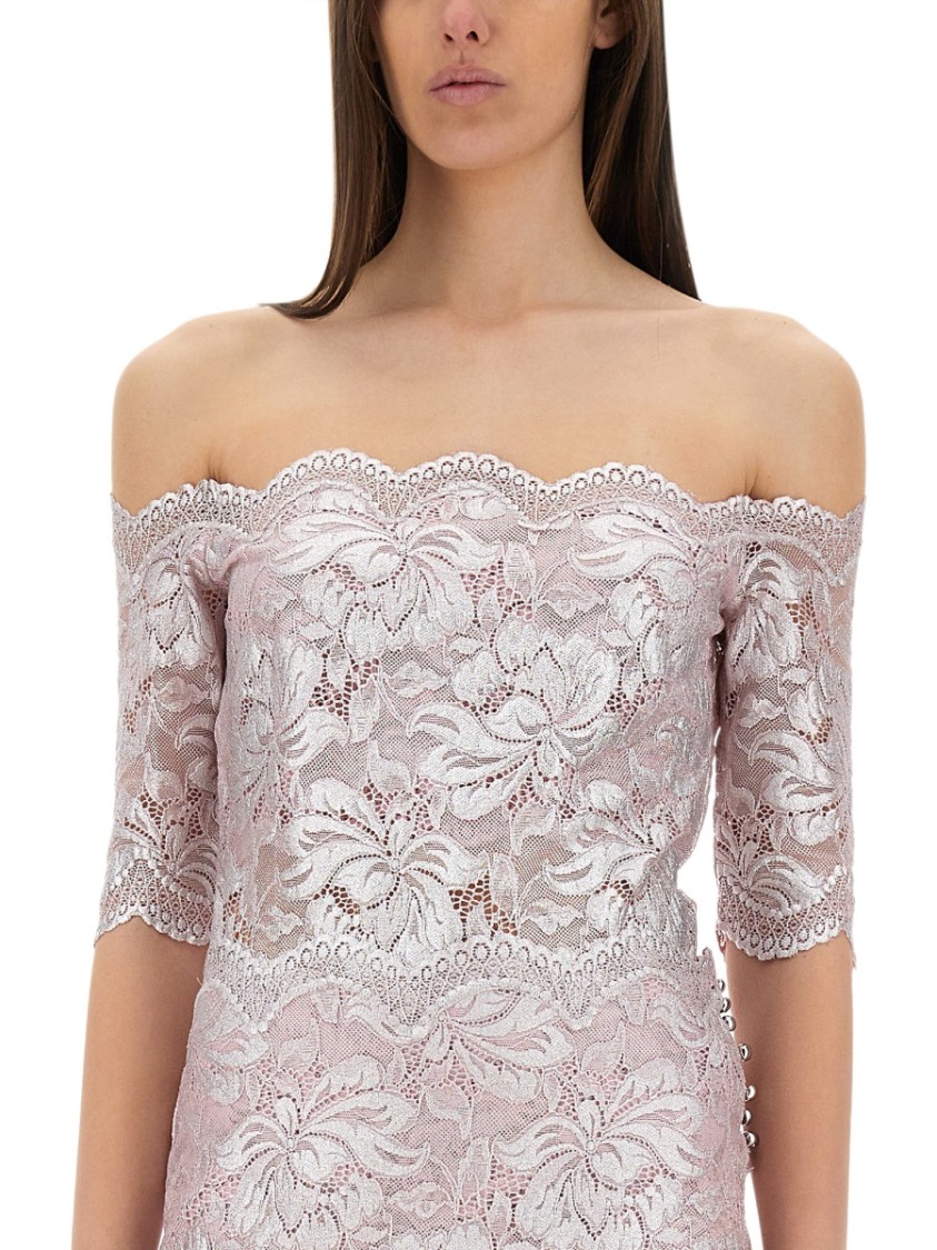 Rabanne Off-the-shoulder Lace Top With Floral Patterns In Pink