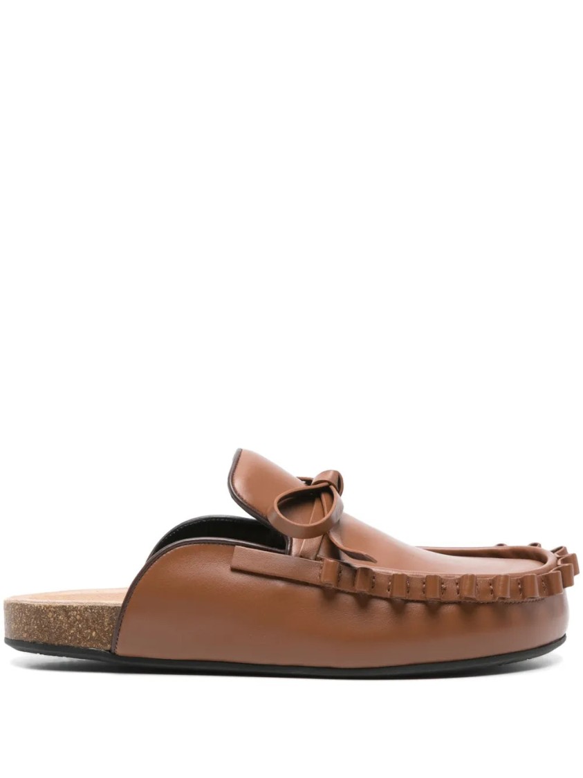Jw Anderson Leather Slippers With Ruffle Trim And Bow In Brown