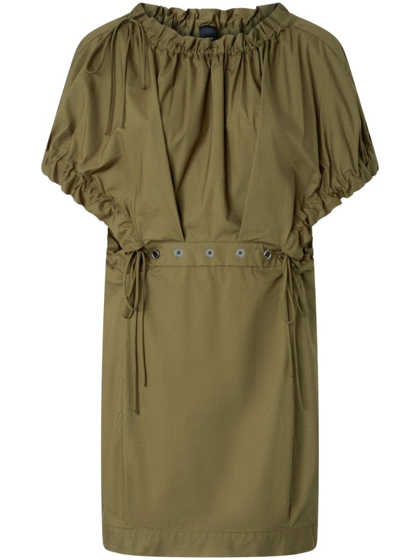 PINKO PINKO SHORT GREEN COTTON POPLIN TUNIC DRESS WITH DRAWSTRINGS