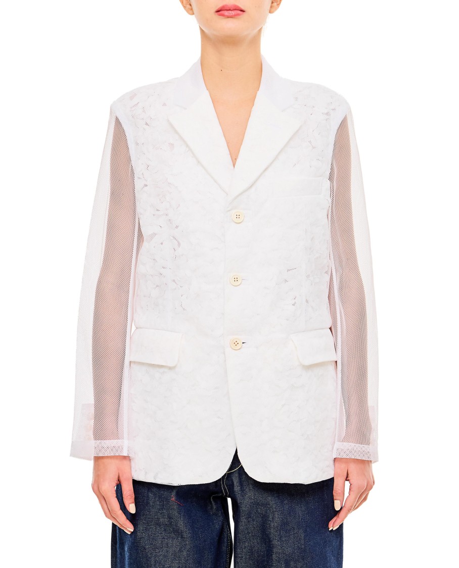Comme Des Garçons Tulle Blazer Jacket With Micro-flower Overlay In White