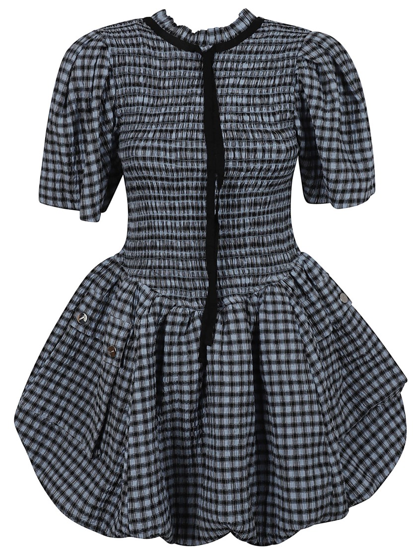 Ganni Smocked Bodice Dress With High Neckline In Blue