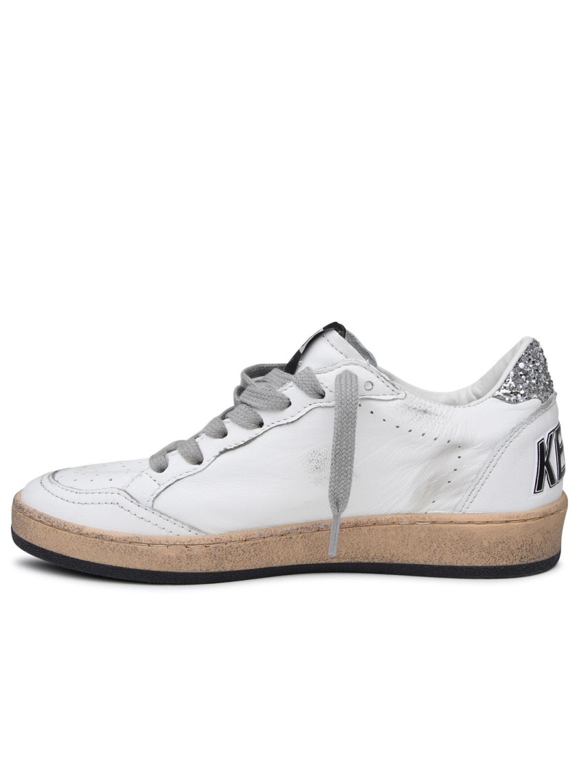 Golden Goose Ball Star Distressed Glittered Leather Sneakers In White