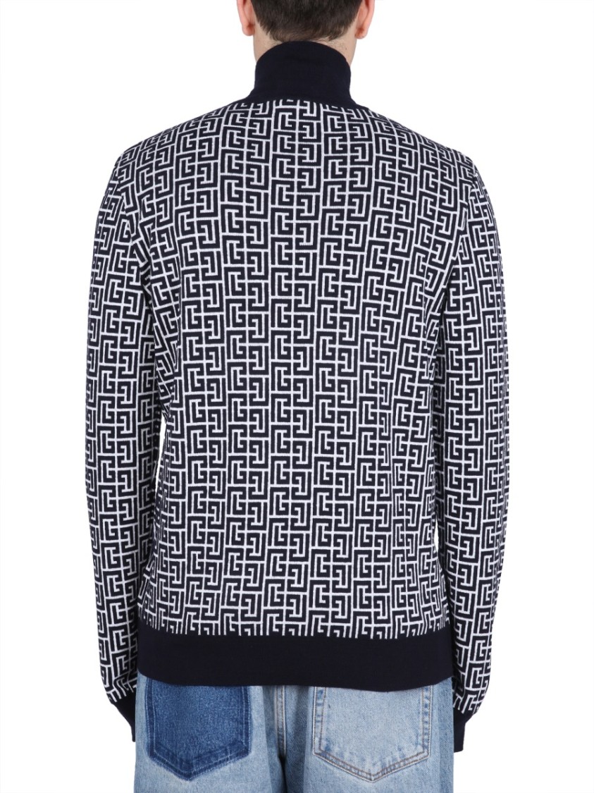 Shop Balmain High-neck Sweater With All-over Monogram Pattern In Grey
