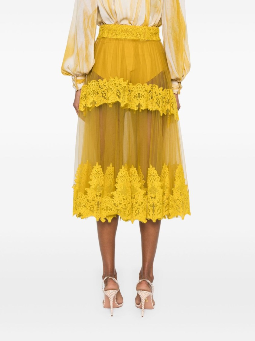 Elisabetta Franchi Ochre Yellow Midi Skirt With Lace Panels