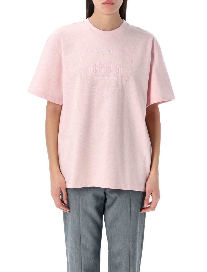 Shop Ganni Embroidered Heart Design Relaxed-fit T-shirt In Pink