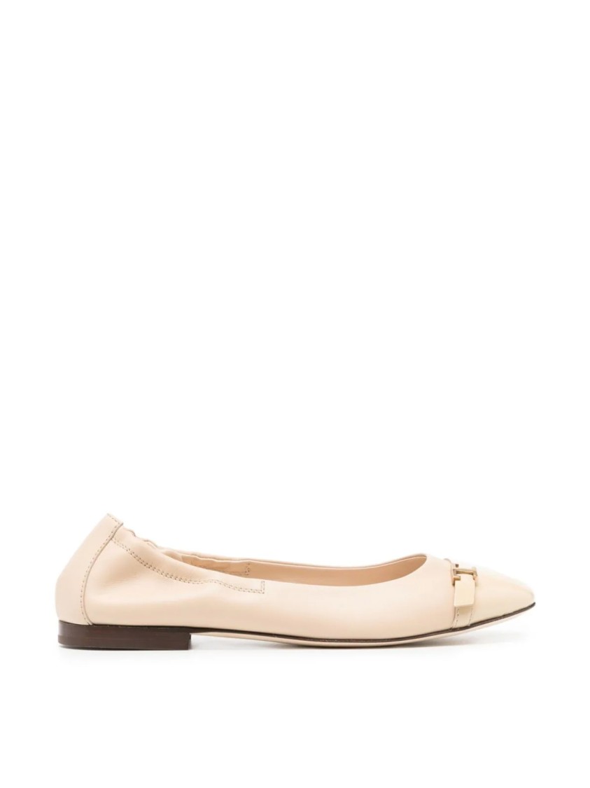 Tod's T Logo Strap Leather Ballerinas In Neutral