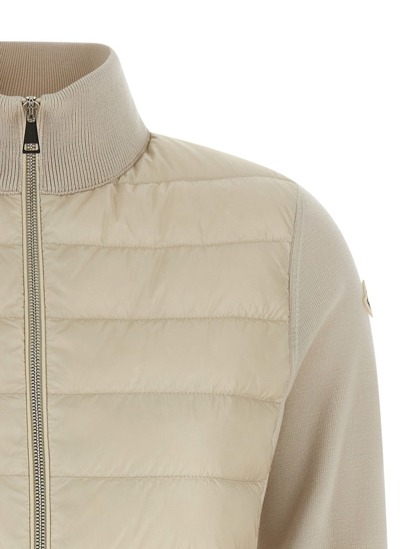 Moncler Quilted High Neck Two-material Cardigan With Feather Padding In Neutral