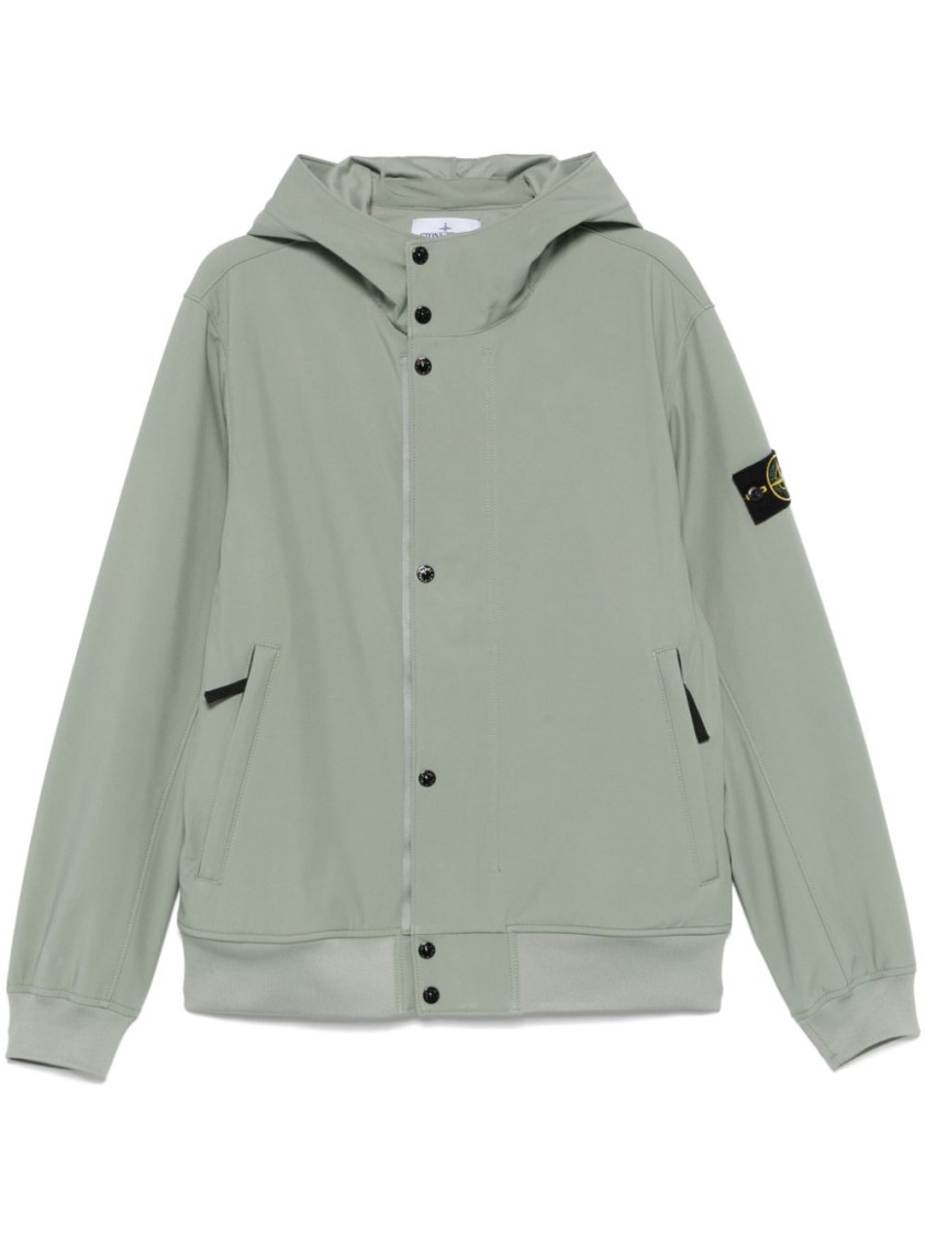 Stone Island Hooded Coat With Button Closure And Ribbed Hem In Green