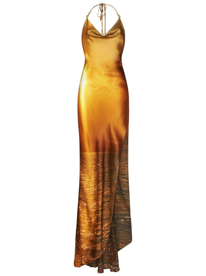 Roberto Cavalli Printed Silk Chiffon Satin Long Dress